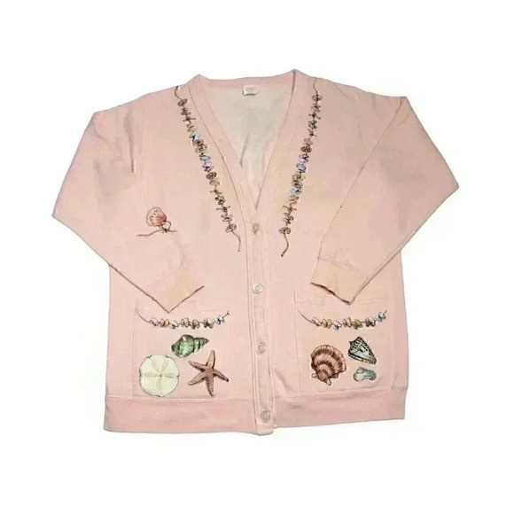 Catawbe's Best Sweaters - Vintage Women's Size Medium Sea Shell Oversized Lagenlook Beach Cardigan Coastal